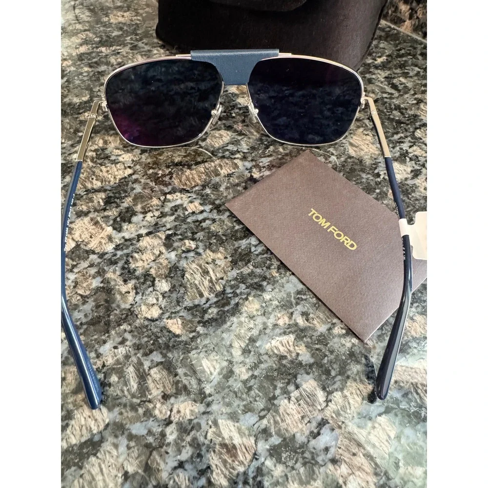 Tom Ford Tex TF1096 Aviator Sunglasses Silver Blue Leather 16V‎ 62-13-145 Italy